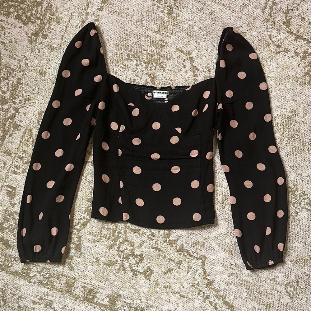 Reformation Reign Polka Dot Long Sleeve Blouse Top in Kisses